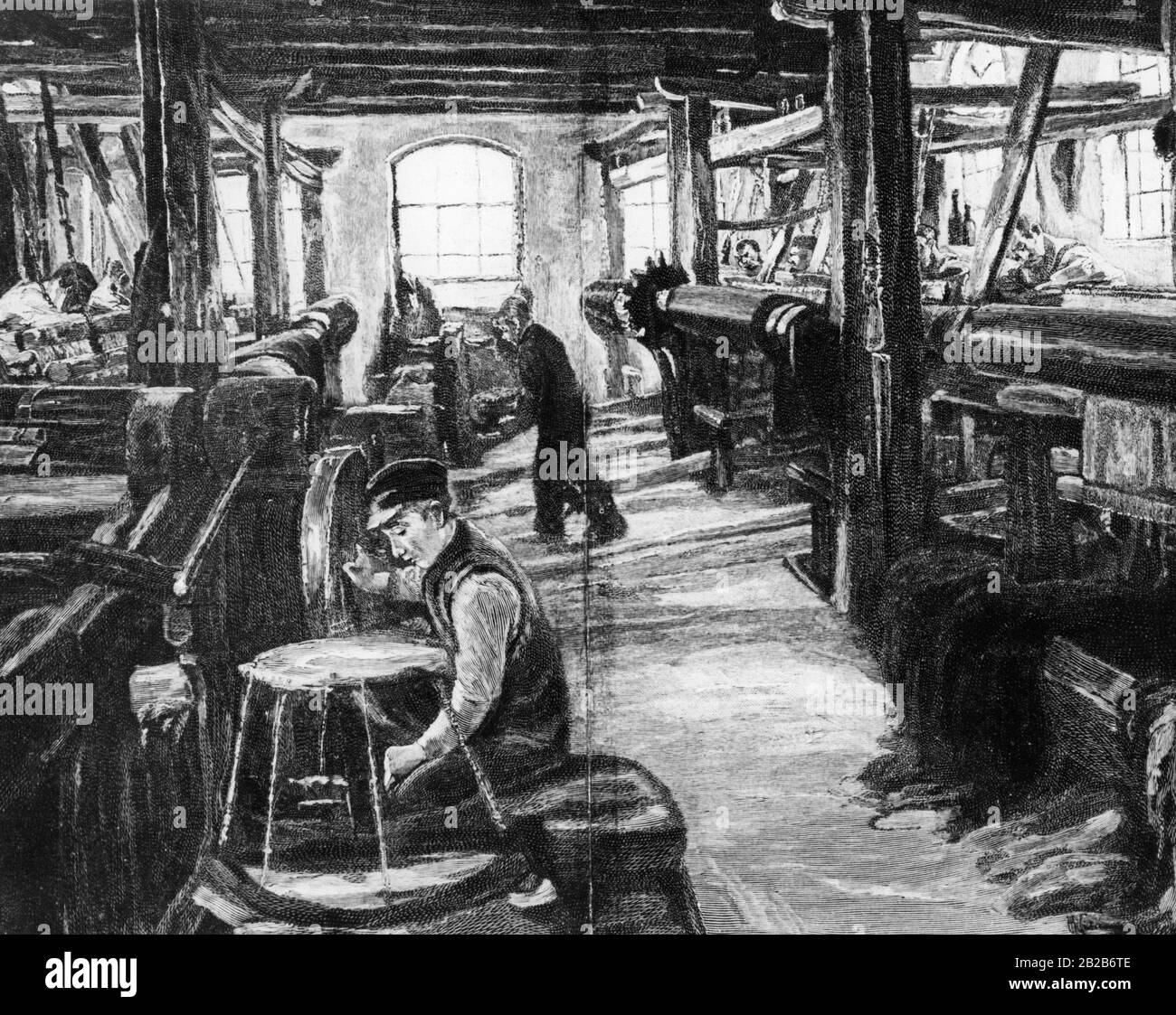 Das Gemälde von Max Liebermann zeigt Kinder bei der Arbeit in einer Weberei Stockfoto