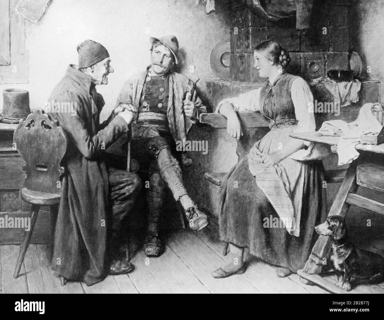 Im Raum neben dem Kachelofen sprechen eine Frau, ein Pfeifenraucher und ein älterer Herr zusammen. Ein idealisierendes Genregemälde des Bauernlebens von Hugo Kauffmann. Stockfoto