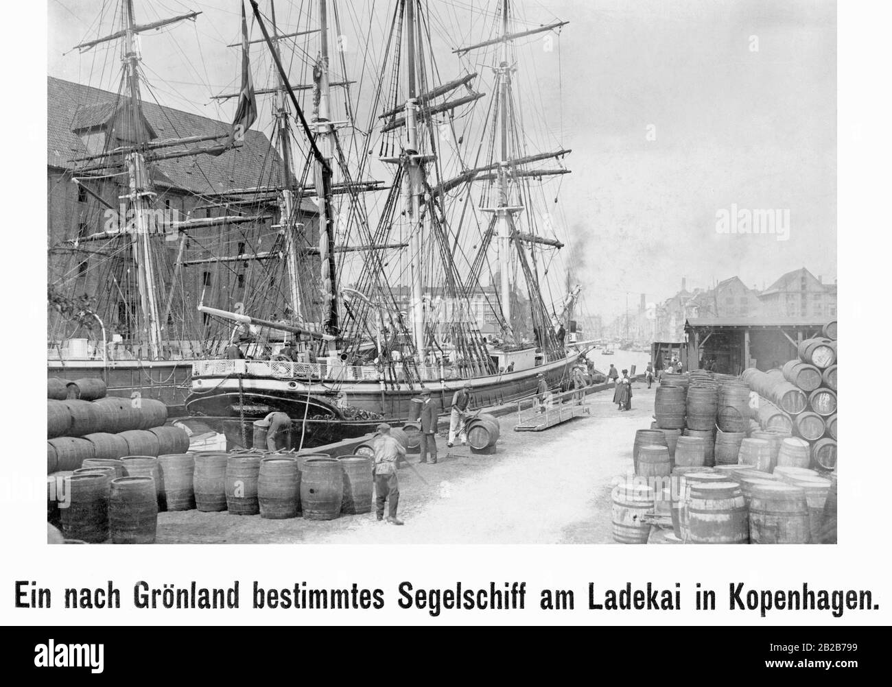 Ein Segelschiff, das für Grönland am Ladekai in Kopenhagen gebunden ist. Stockfoto