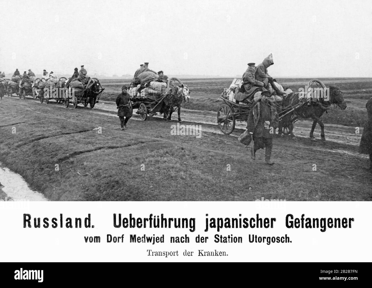 Während des Russisch-Japanischen Krieges: Japanische Kriegsgefangene werden innerhalb Russlands auf Pferdewagen transportiert. Stockfoto