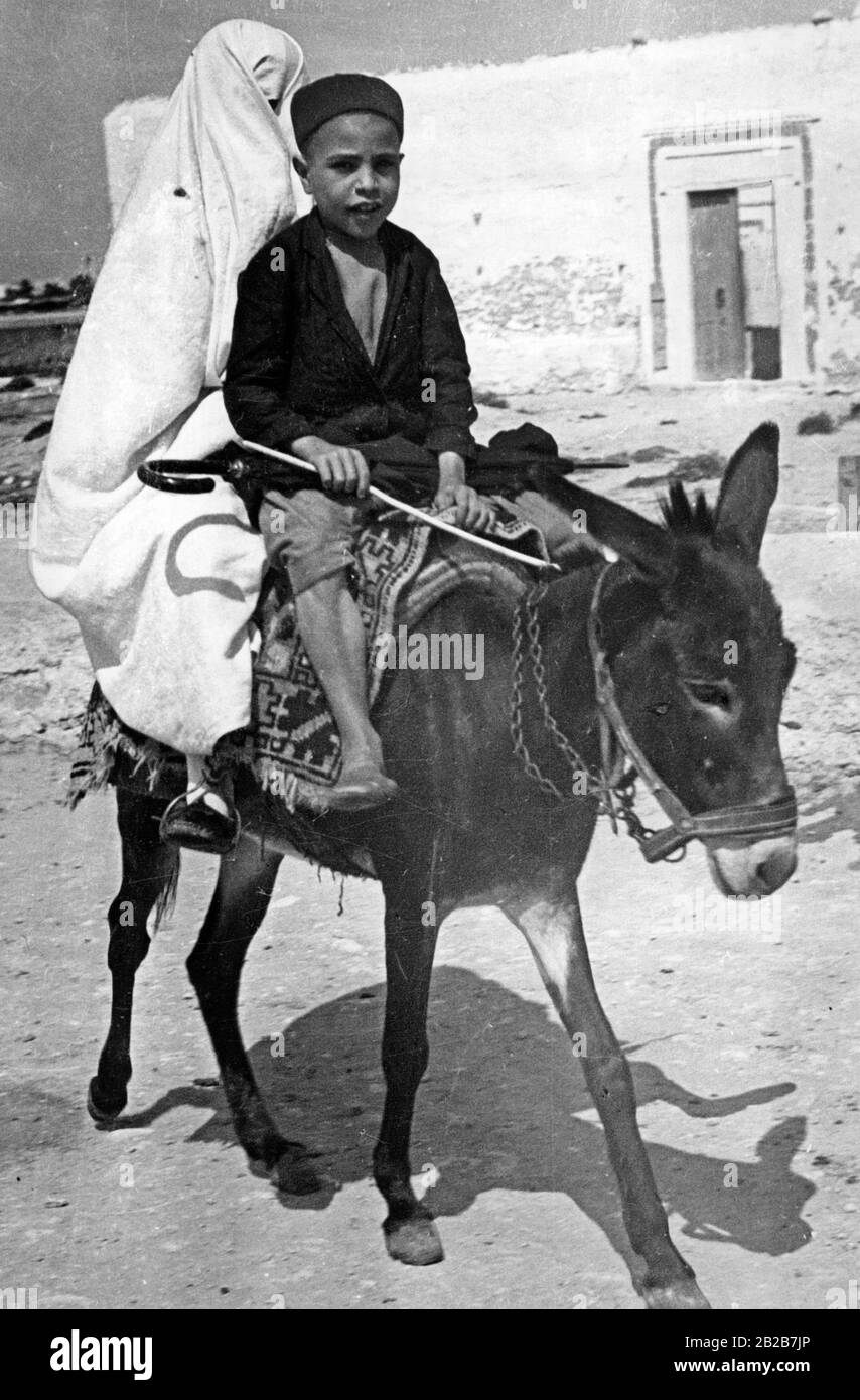 Ein kleiner Junge und eine völlig verhüllte Frau auf einem Esel in Tunesien. Stockfoto