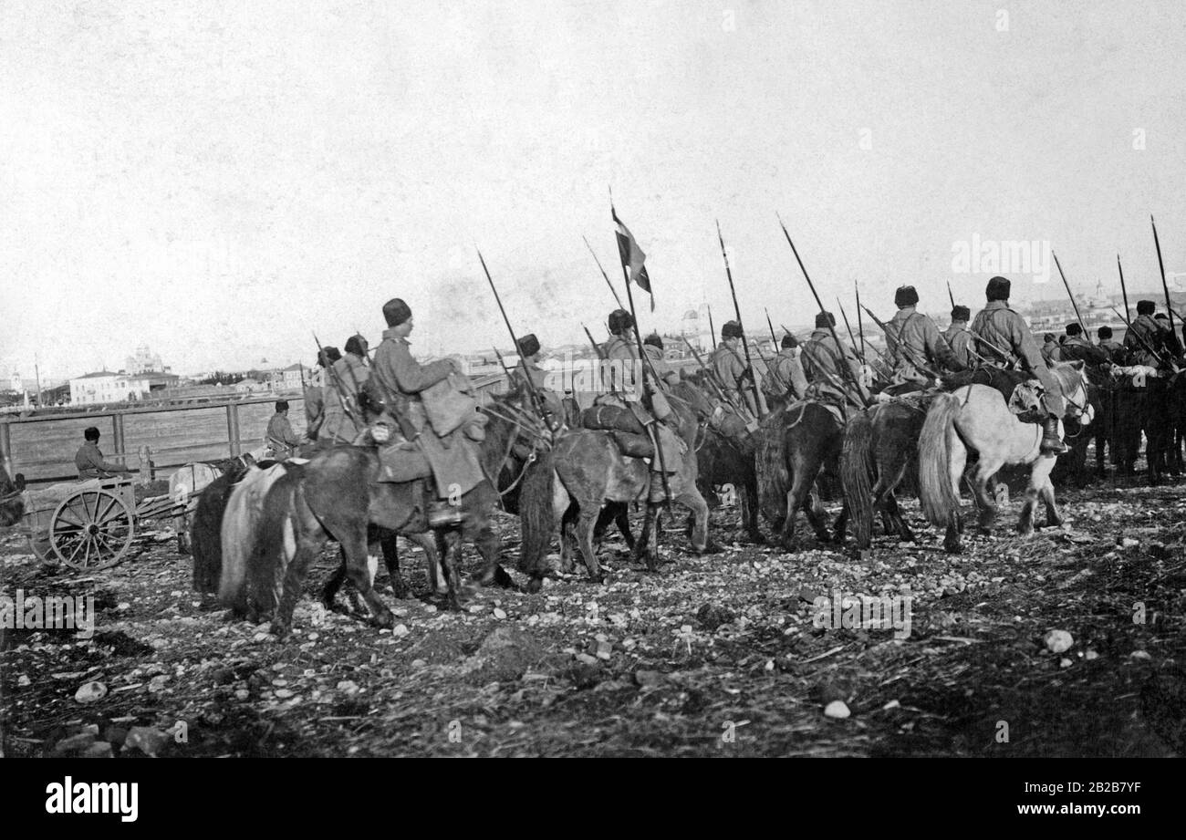 März russischer kosaken während des russisch-japanischen Krieges in Ostasien. Stockfoto