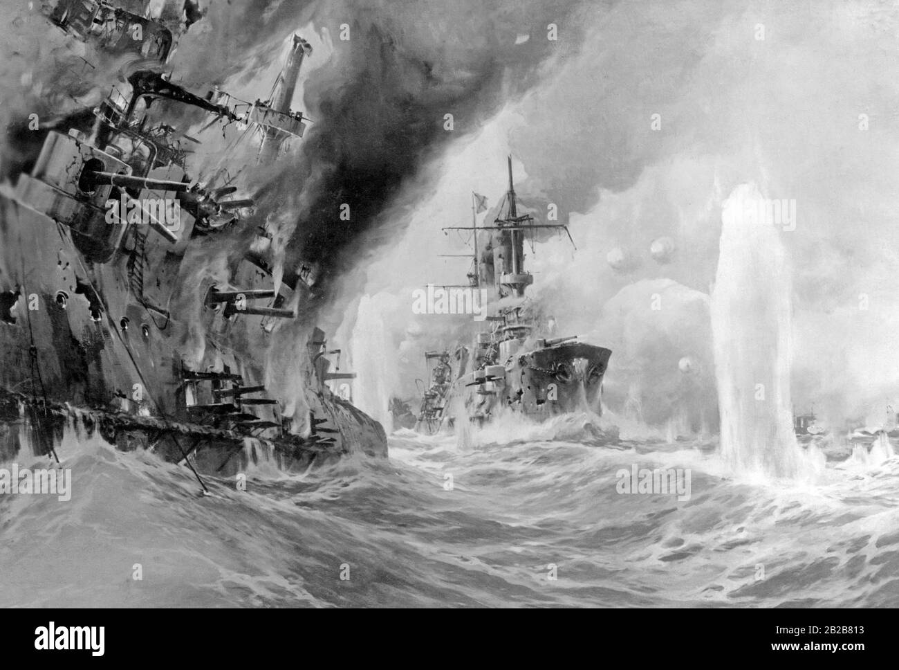 Während des Russisch-Japanischen Krieges: Seeschlacht von Tsushima am 27.5.1905, bei der die russische Baltische Flotte eine vernichtende Niederlage erlitt. Stockfoto