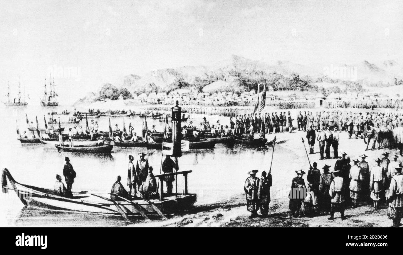 Darstellung der Landung des amerikanischen Beamten Matthew Calbraith Perry in Japan bei Tokio am 8. Juli 1853. Stockfoto