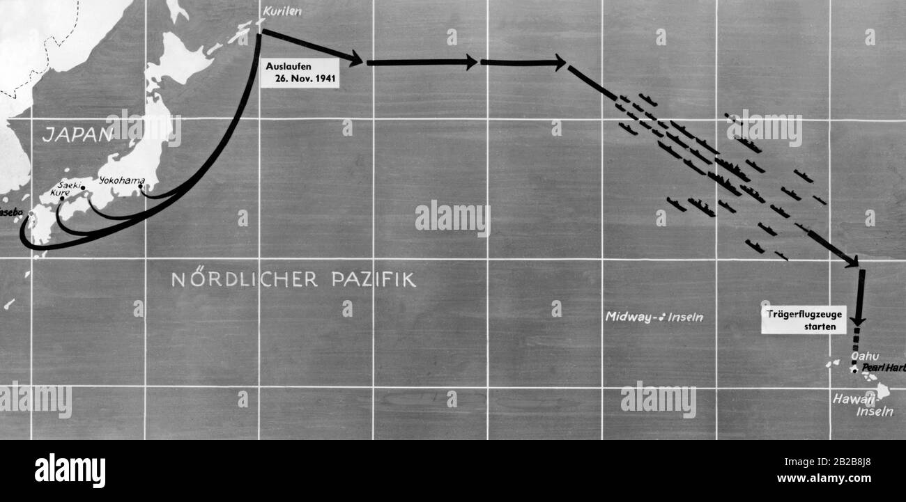 Darstellung der Route der japanischen Flotte beim Angriff auf den US-Marinestützpunkt Pearl Harbor am 7. Dezember 1941. Stockfoto