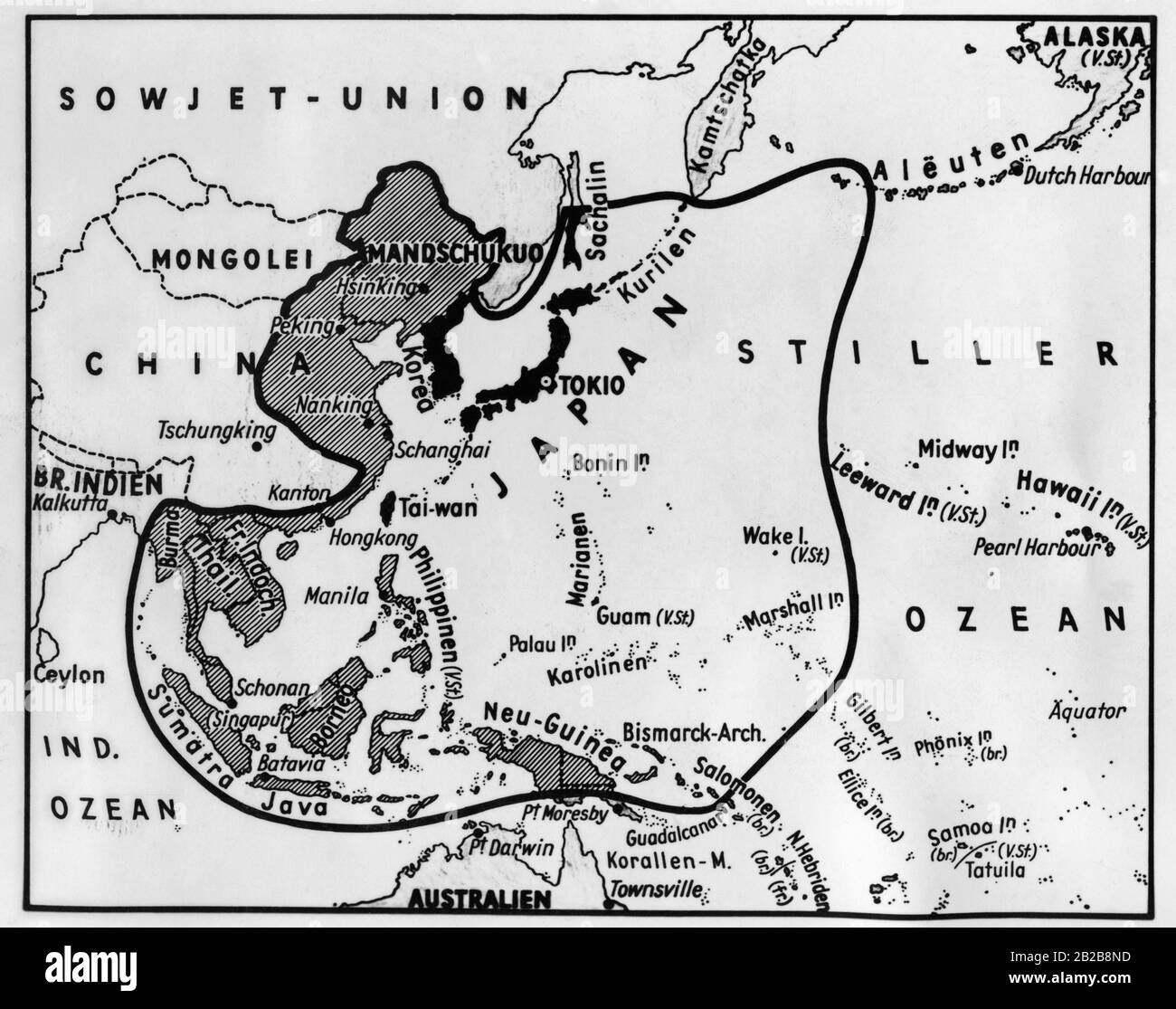 Eine Karte mit den Gebieten, die während des Zweiten Weltkriegs im Jahr 1942 von Japan kontrolliert wurden. Stockfoto