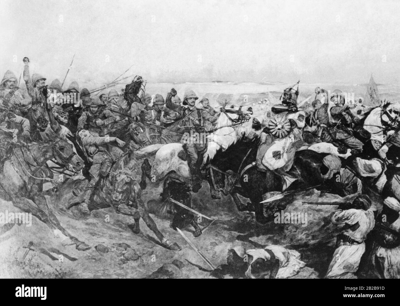 Zeichnung der Schlacht von Omdurman in der Nähe von Khartum. In dieser Schlacht besiegten die britischen Truppen die Armee der Mahdisten und gewannen politische Kontrolle über ganz Ägypten. Der Mahdi-Aufstand, der von 1881 bis 1898 stattfand, war eine Rebellion gegen die Anglo-Ägyptische Herrschaft in den Sudanprovinzen. Stockfoto