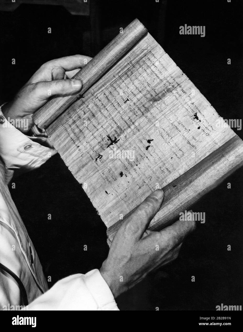 Der deutsche Restaurator Dr. Hugo Ibscher hält eine ägyptische Papyrusrolle in der Hand. Stockfoto