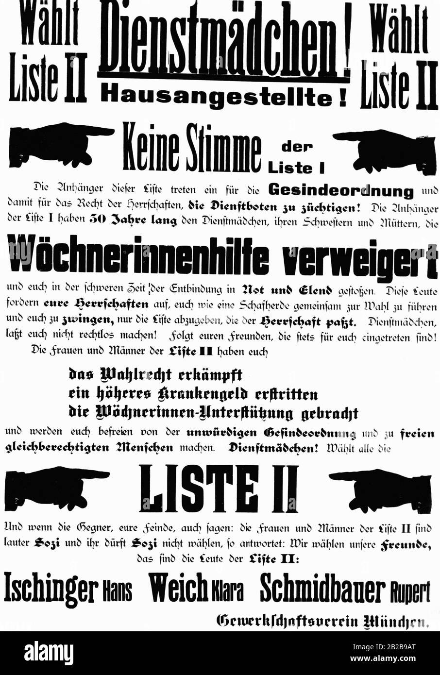Wahlplakat, in dem die Dienstmädchen aufgefordert werden, für die Liste II zu stimmen, die für bessere Dienstvorschriften eintritt. Im Zuge der Revolution wurden diese Dienstvorschriften ganz abgeschafft. Das Plakat ist ein Beispiel für einen sozial-politischen und nicht parteipolitischen Wahlkampf. Stockfoto