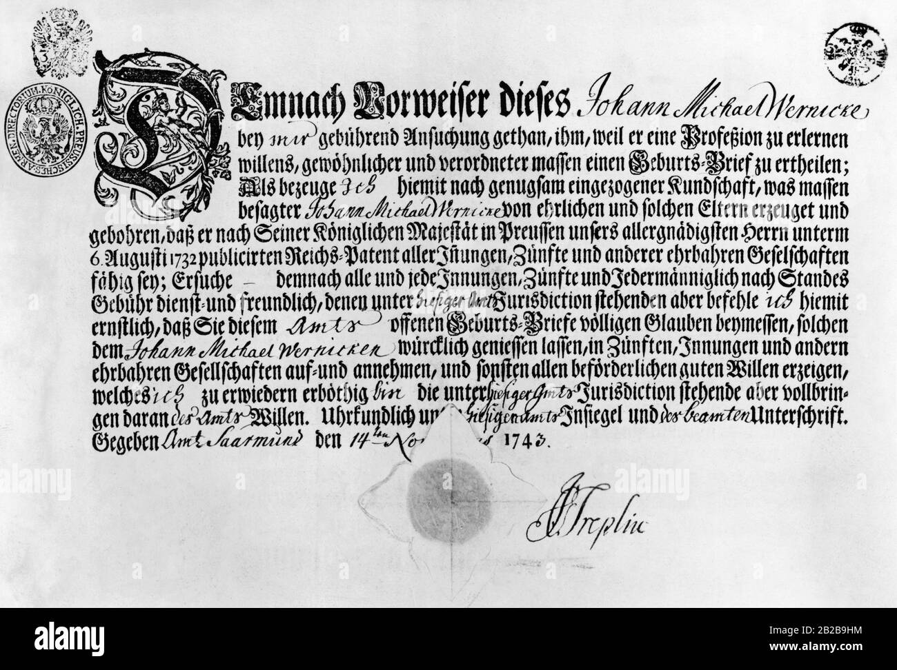 Geburtsbrief von Johann Michael Wernicke aus dem Amt Saarmund im späteren Landkreis Potsdam-Mittelmark. Stockfoto
