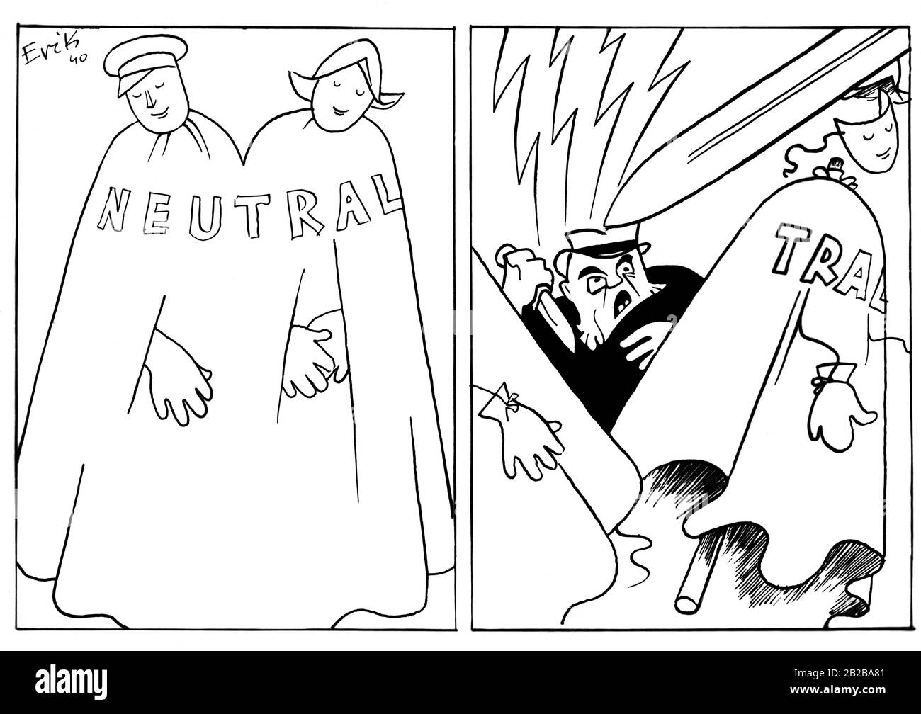 Invasion in Holland 1940: Bild zeigt Karikatur in der Zeitung über die Neutralität der Niederlande. Stockfoto