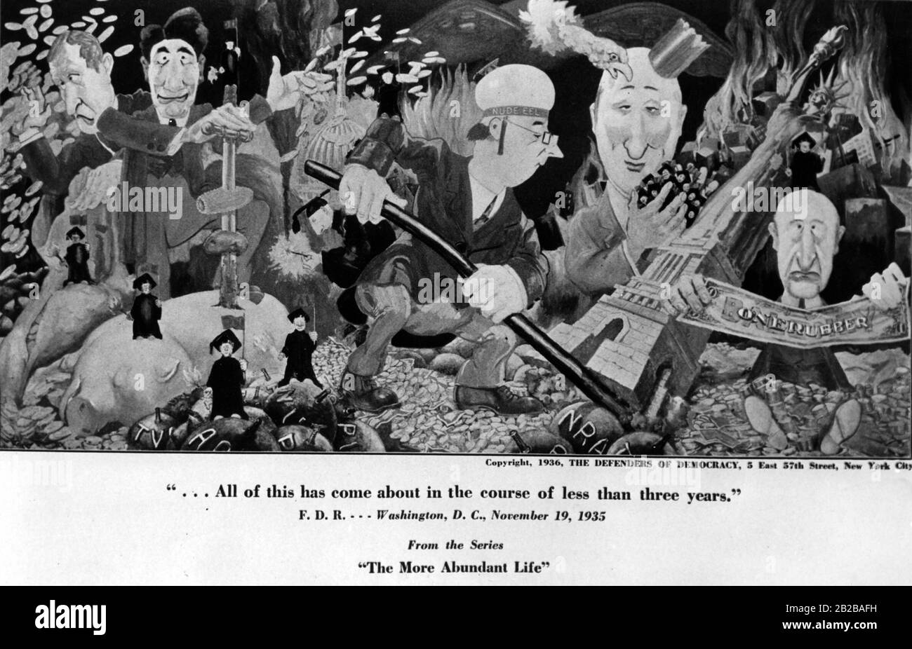 New Deal: Cartoon von "The Defenders of Democracy" in New York mit einem Bild der Serie "The Abundant Life" mit dem Titel: "All dies ist im Laufe von weniger als drei Jahren entstanden". Stockfoto