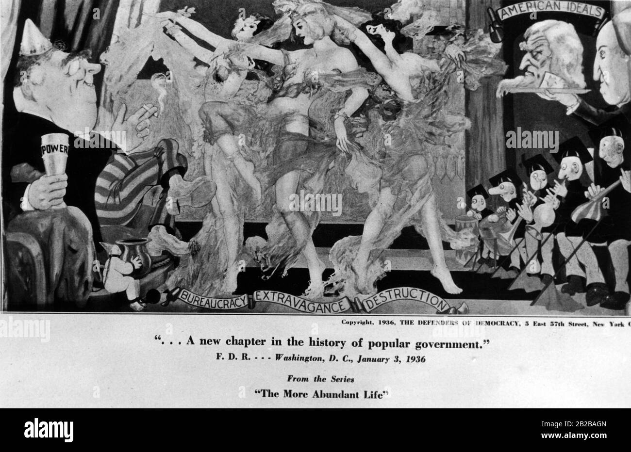 New Deal: Cartoon von "The Defenders of Democracy" in New York mit einem Bild der Serie "The Abundant Life" mit dem Titel: "Ein neues Kapitel in der Geschichte der Volksregierung". Stockfoto