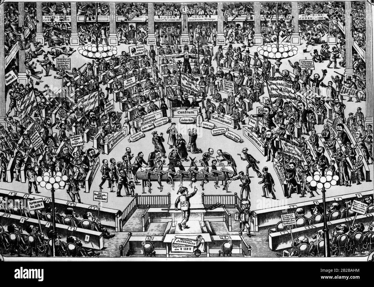 Karikatur aus der antisemitischen Zeichentrickserie Politische Bilderbogen aus dem Jahr 1896. Die Karikatur heißt "Die Juden im Reichstag" und karikiert die Debatte um das deutsche jüdische Gesetz. Stockfoto