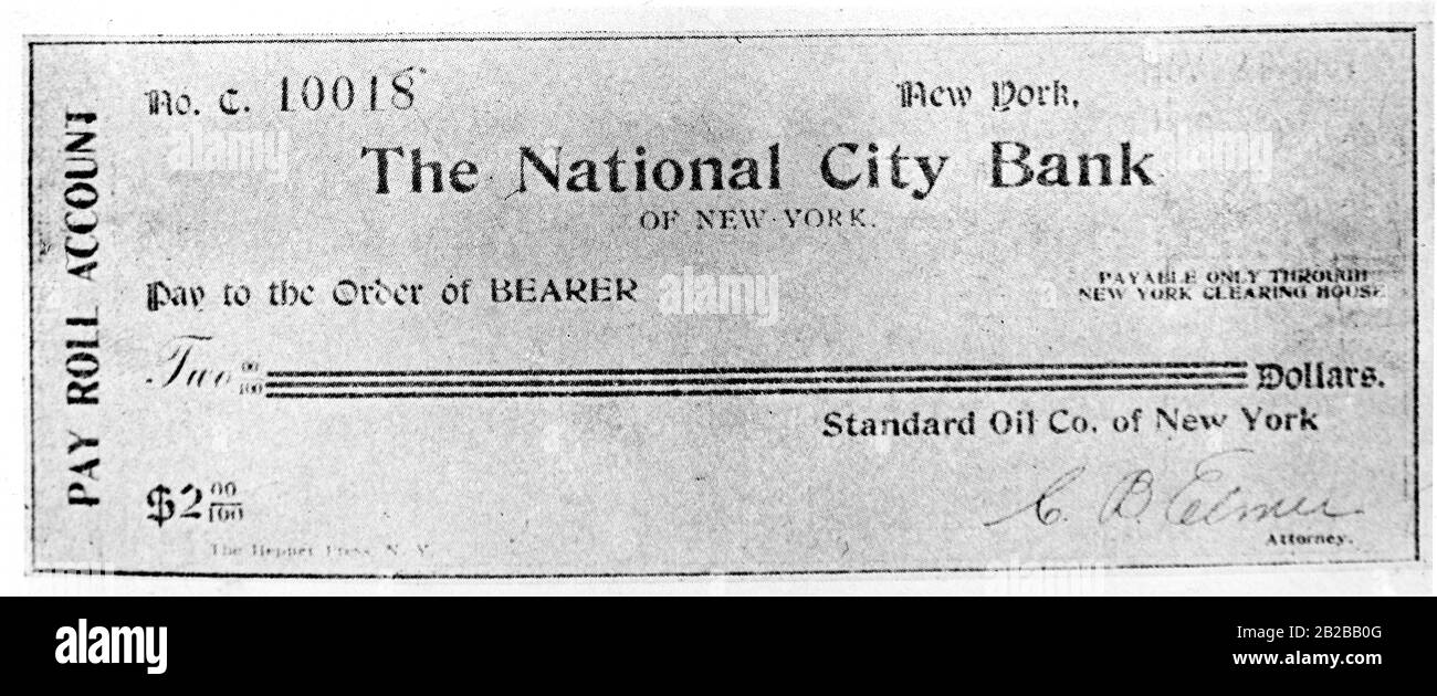 Weltwirtschaftskrise: Gehaltsabrechnung ("The National City Bank of New York") als Schreiber aus New York. Stockfoto