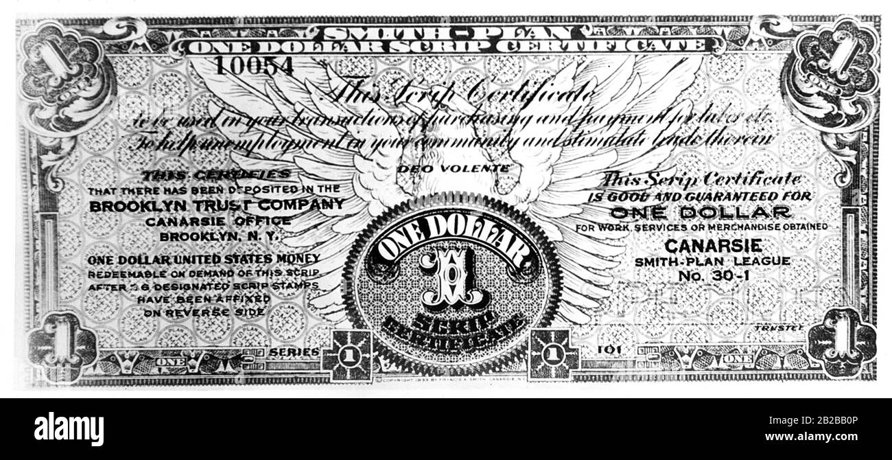Globale Wirtschaftskrise: Ein Dollar Scrip ("One Dollar Scrip Certificate") des Smith-Plans von Francis X. Smith. Stockfoto