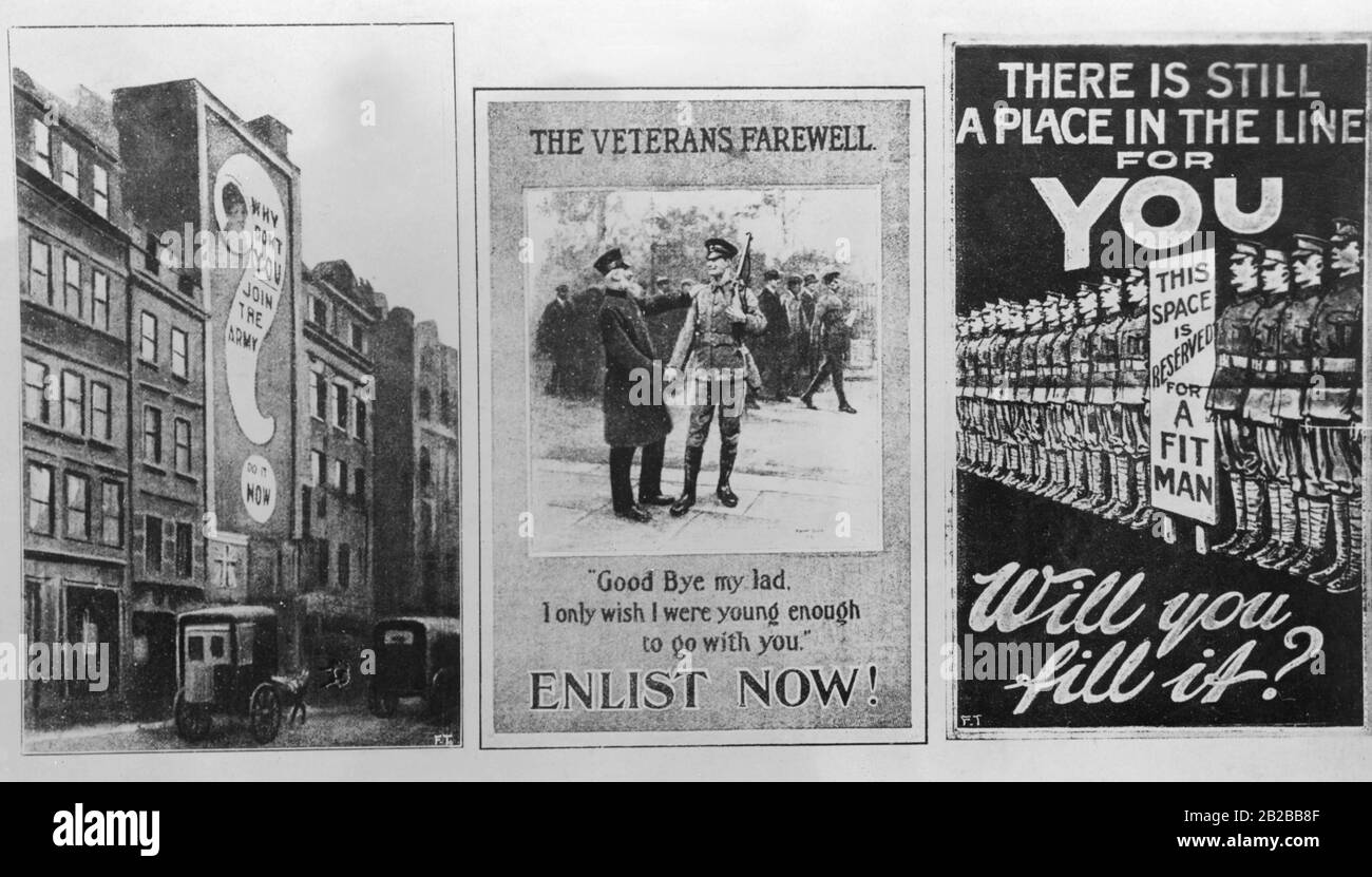 Plakate zur Rekrutierung britischer Soldaten während des Ersten Weltkriegs. Stockfoto