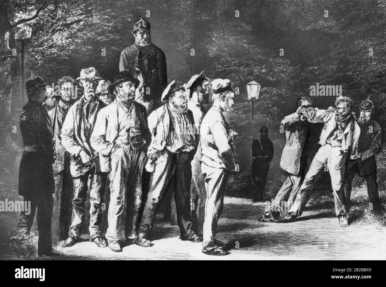 Auslosung eines nächtlichen überfalls der Berliner Polizei in Tiergarten, Festnahme von Aufruhrern. Undatiert. Stockfoto