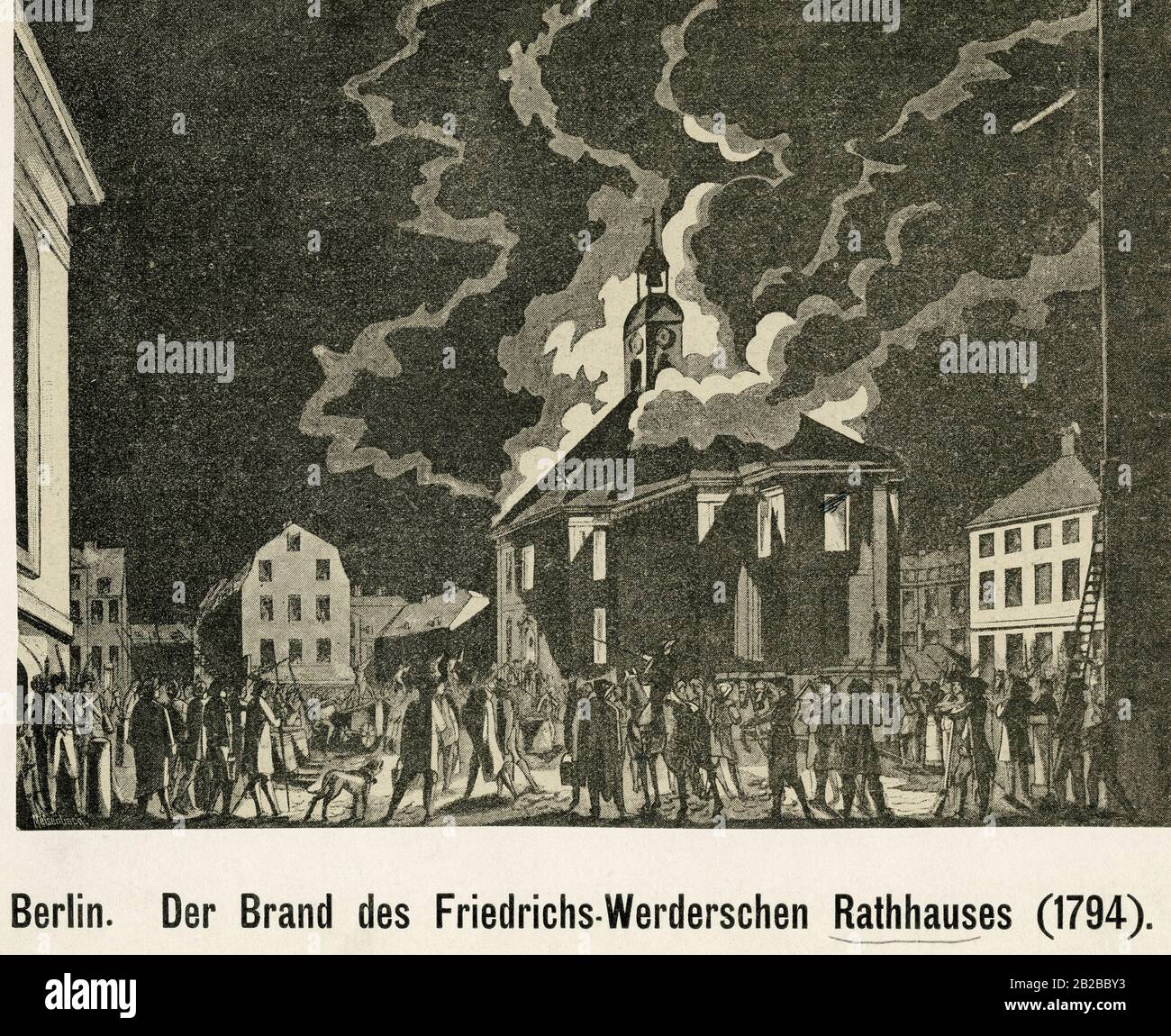Zeichnung, die den Brand im Rathaus des Berliner Bezirks Friedrichswerder darstellt. Stockfoto
