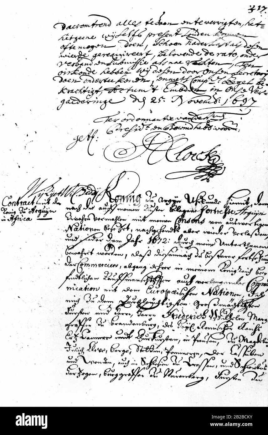 Faksimile eines Vertrages zwischen dem Großen Kurfürst von Brandenburg und dem König von Aryn von Guinea. Stockfoto