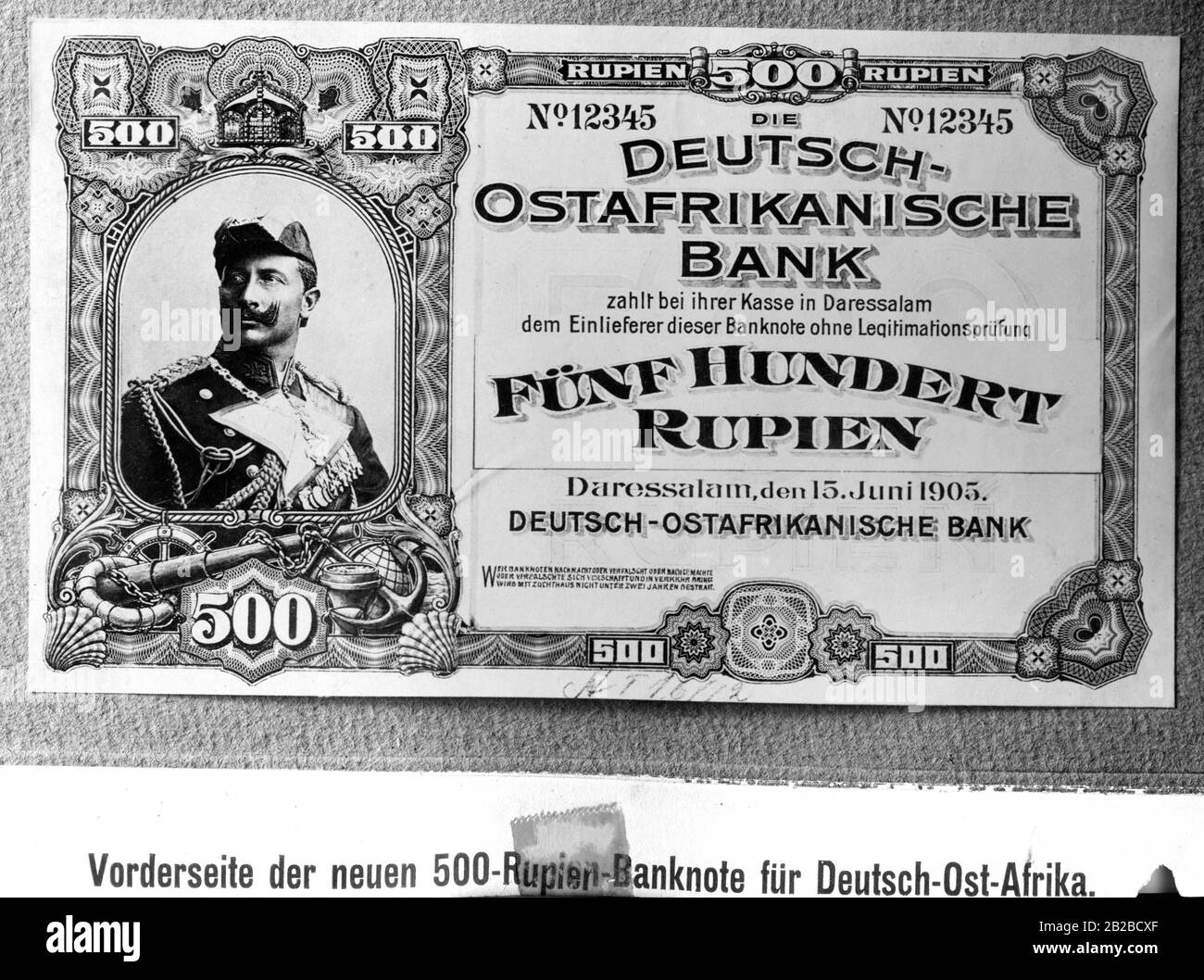 Eine 500-rupie-banknote aus dem deutschen Ostafrika, die bei der Deutschen Ostafrikanischen Bank umgewandelt werden kann. Es zeigt ein Porträt Kaiser Wilhelm II Stockfoto