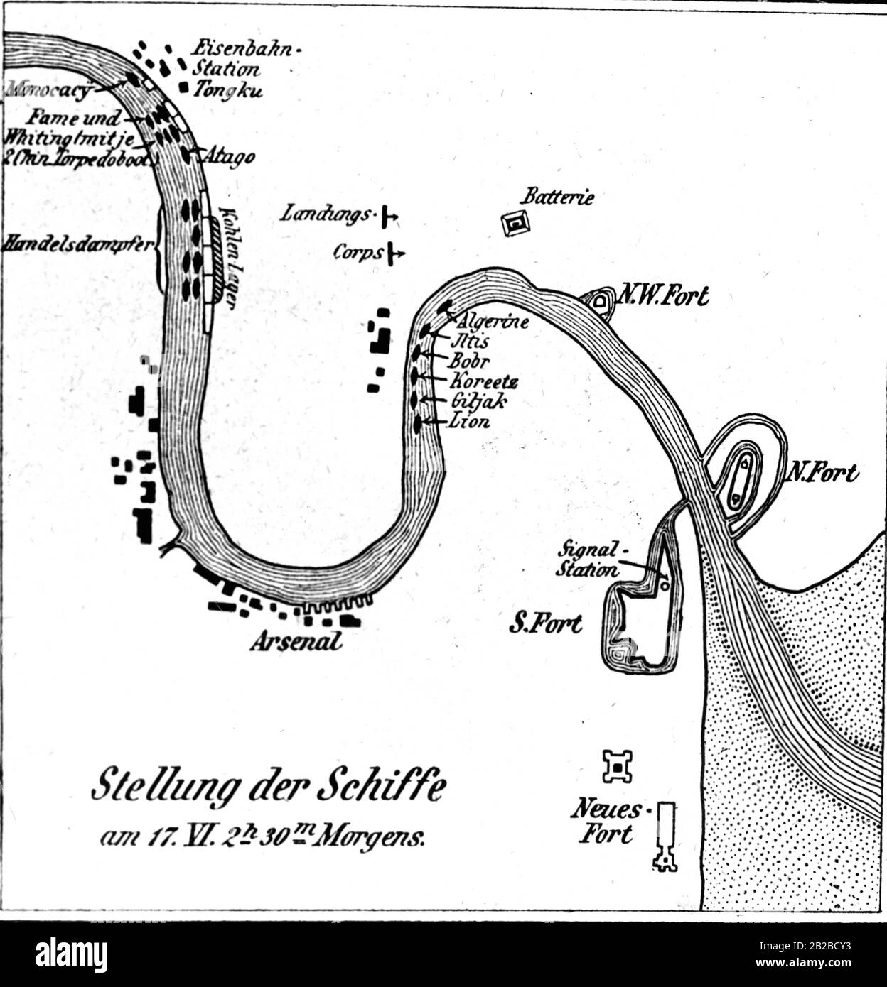 Ein Abschnitt der Karte mit den wichtigen Forts und der Position der europäischen Schiffe während des Boxeraufstands am 17. Juni um 2.30 Uhr. Stockfoto
