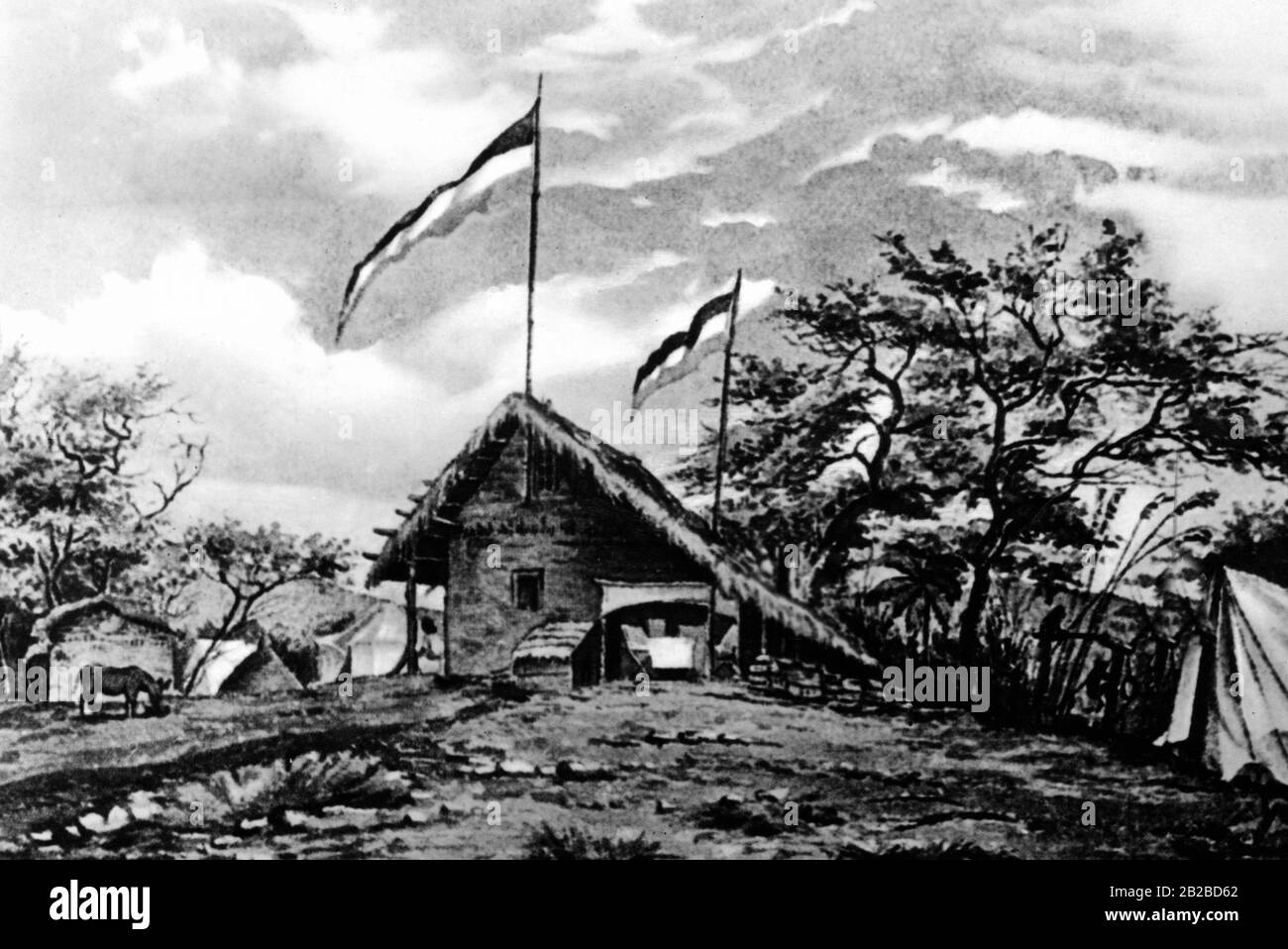 Zeichnung des deutschen Entdeckers und Kolonialherren Graf Joachim von Pfeil von der ersten deutschen Station Ostafrikas im Simathal. Stockfoto