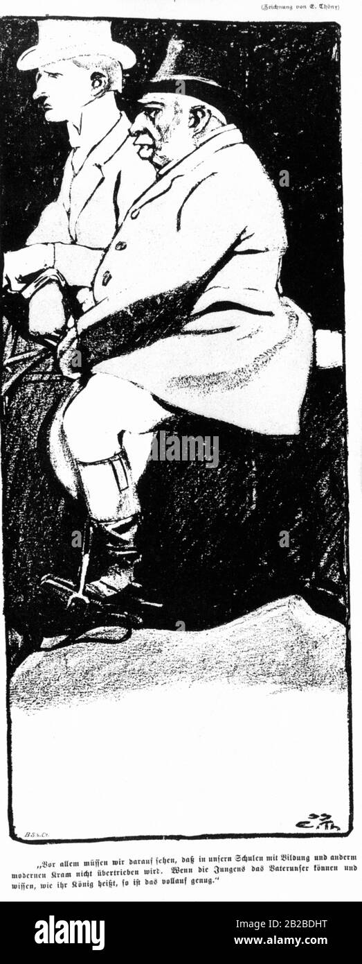 Karikatur, die die Arroganz der Grundbesitzer im Reich und die schlechte Behandlung ihrer Landarbeiter zeigt. Der Cartoon wurde 1899 im Simplicissimus veröffentlicht. Stockfoto