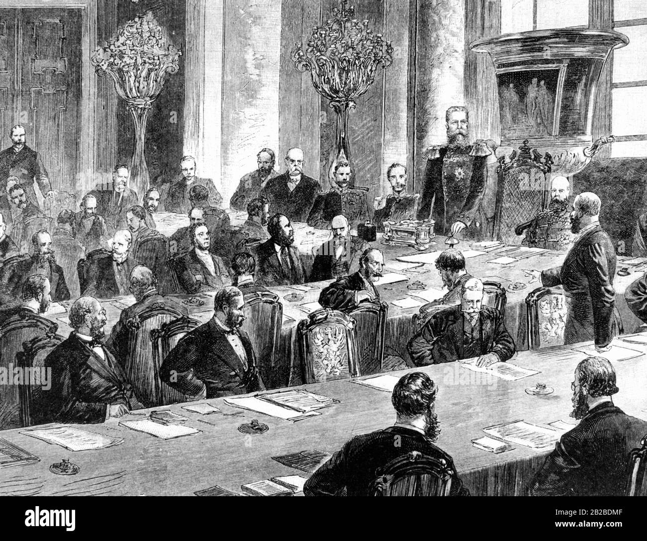 Zeichnung: Der Prinz Friedrich und spätere 90-tägige Kaiser Friedrich III. Leitet im Jahr 1884eine Sitzung des Staatsrates als präsident. Stockfoto