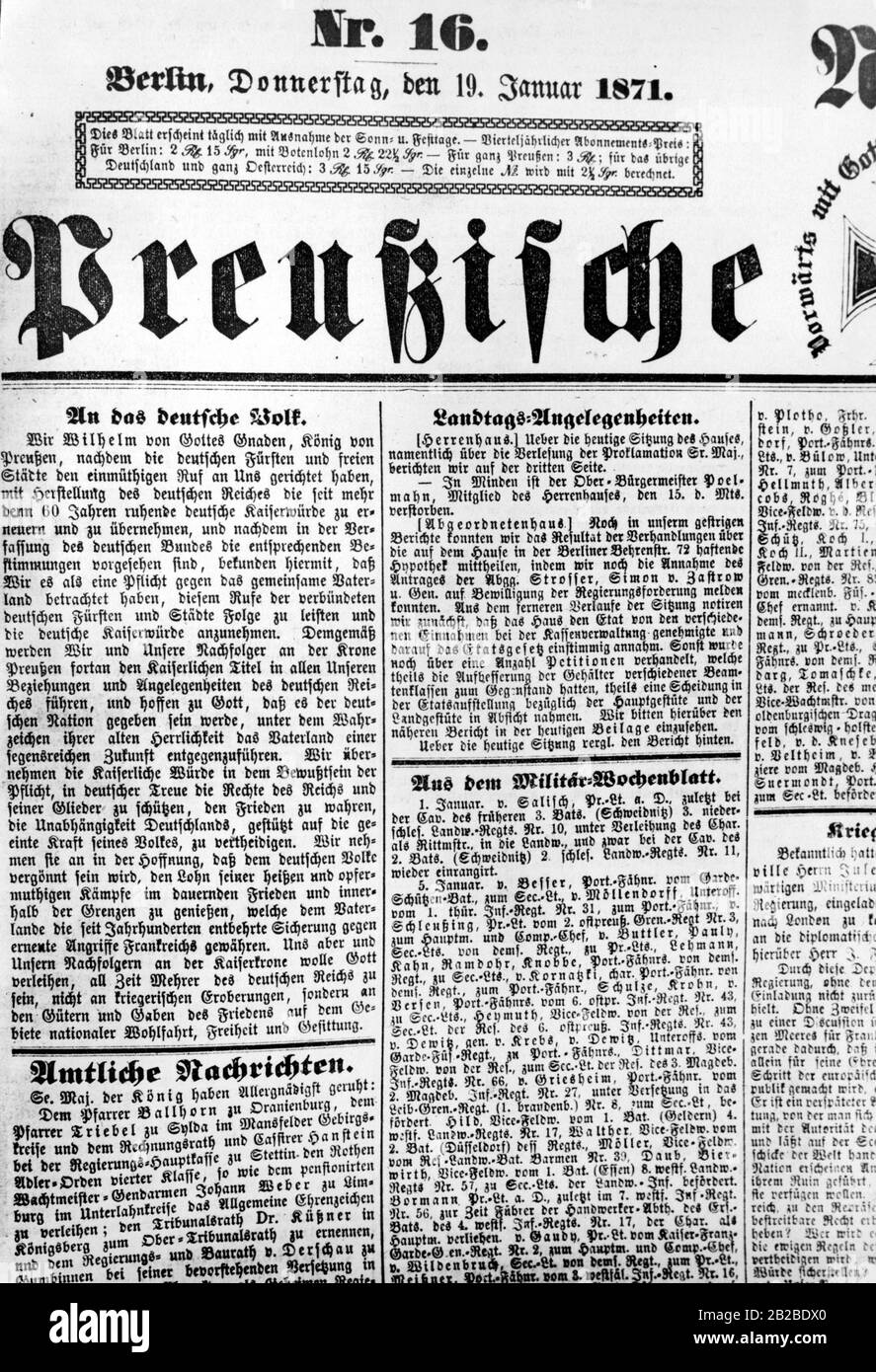 Zeitungsbericht über die Ausrufung des preussischen Königs Wilhelm zum deutschen Kaiser in Versailles. Stockfoto