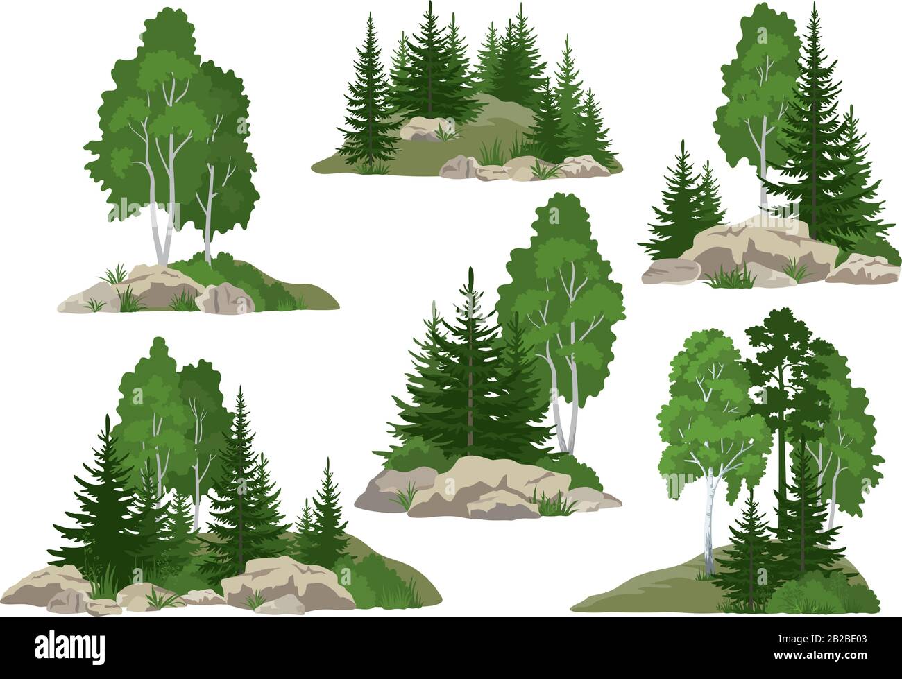 Landschaften mit Bäumen und Felsen Stock Vektor