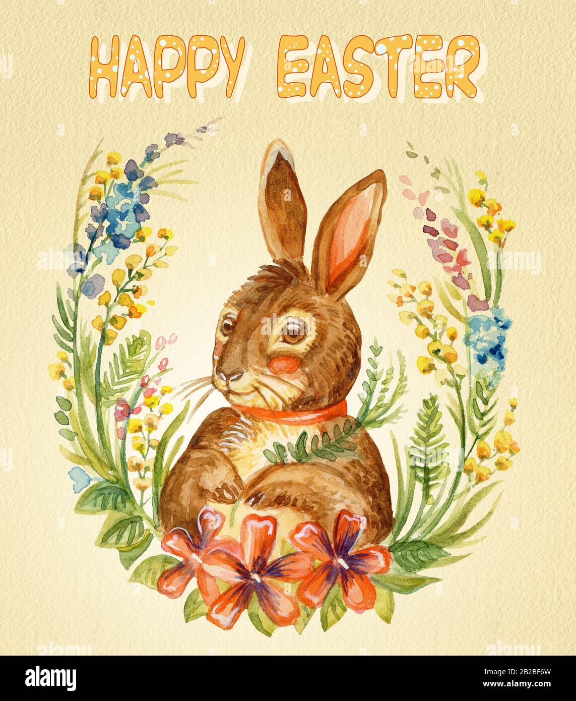 Aquarellpostkarte eines Kaninchens, das auf Kranz von Frühlingsblumen sitzt, Stock-Illustration. Oster Bunny Characters Vintage Illustration isoliert auf Yell Stockfoto