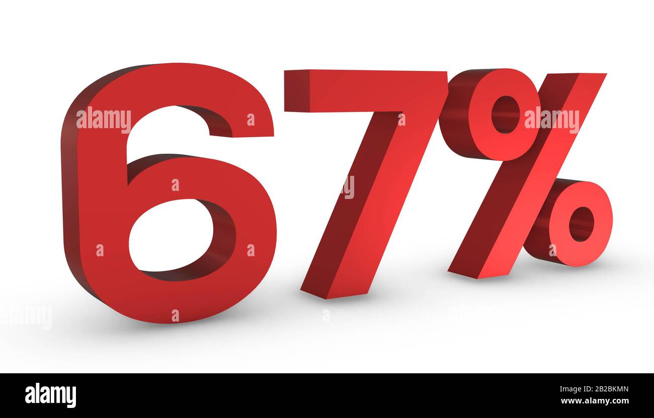 3D Glänzend Rot Zahl Siebenundsechzig Prozent 67% Isoliert auf weißem Hintergrund. Stockfoto