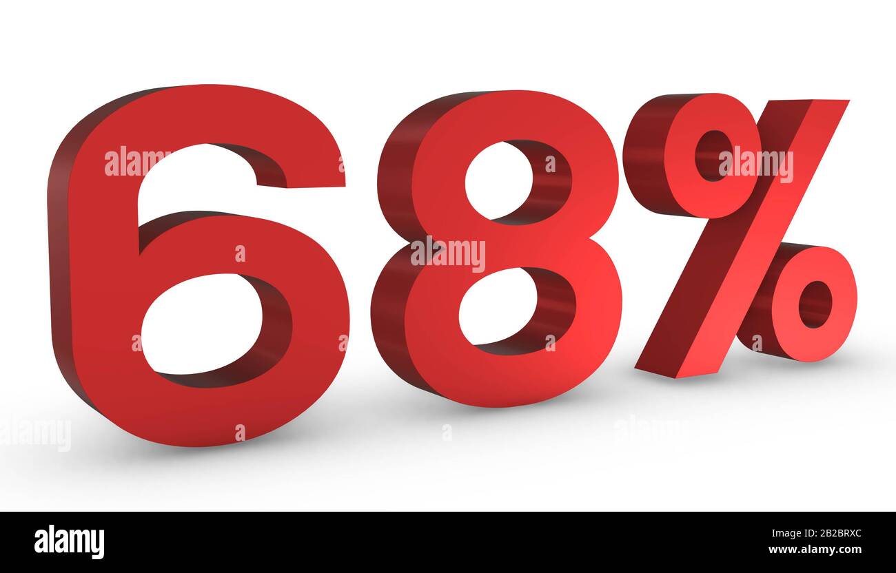 3D Glänzend Rot Zahl Sechzig Acht Prozent 68% Isoliert auf weißem Hintergrund. Stockfoto