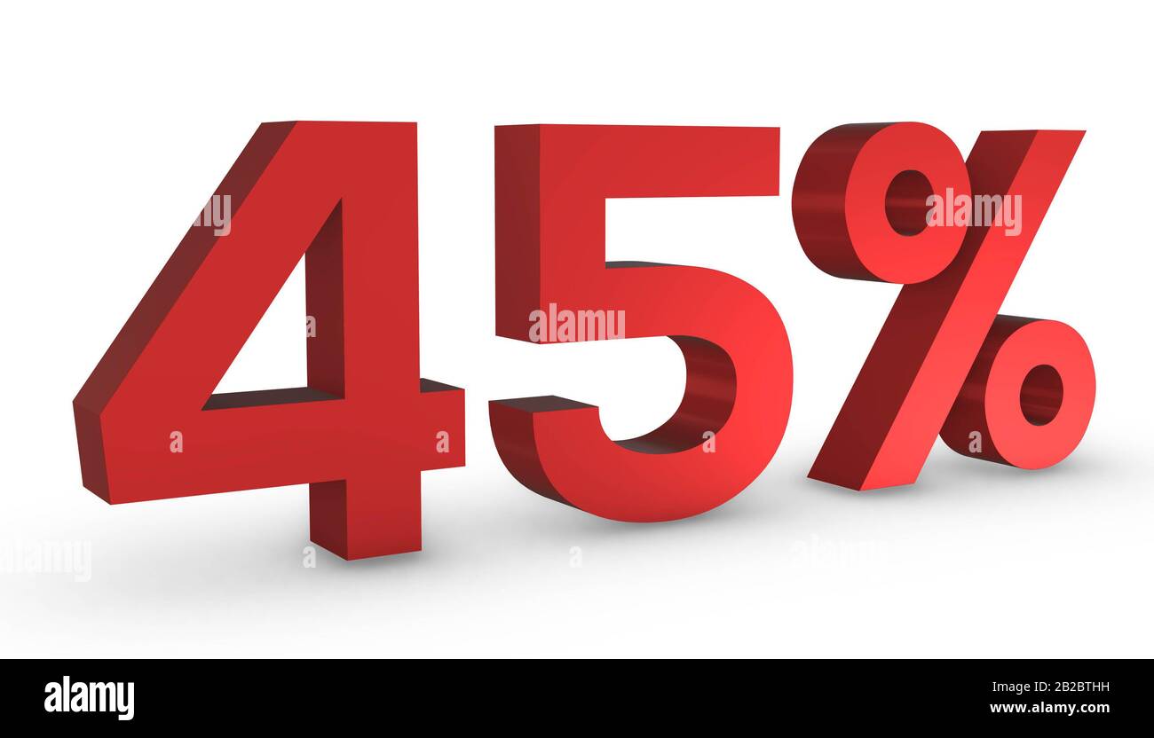 3D Glänzend Rot Zahl Vierzig Fünf Prozent 45 Prozent Isoliert auf weißem Hintergrund. Stockfoto