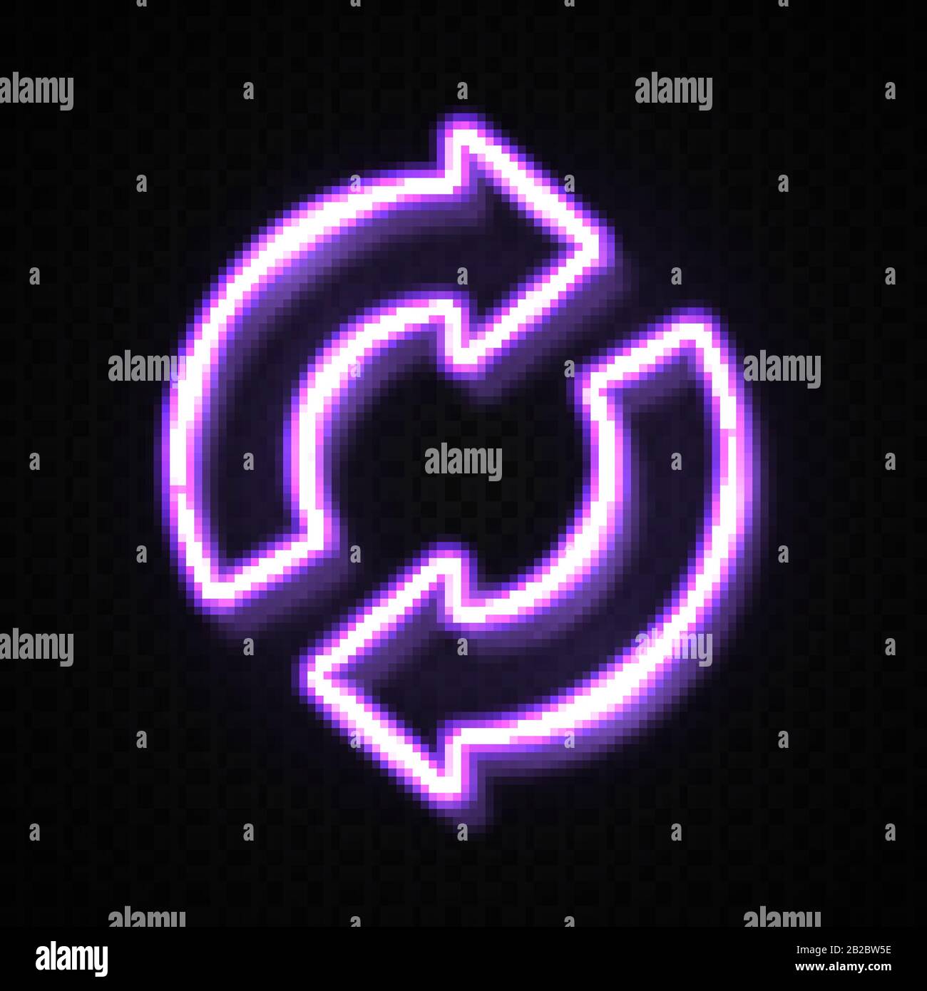 Symbol für das Recycling von violetten Neonlampen auf dunklem, transparentem Hintergrund isoliert. Leuchtende LED-LED-Symbol für die Ökologie des Recycling-Logos. Öko 2-Pfeile in c verschwenden Stock Vektor
