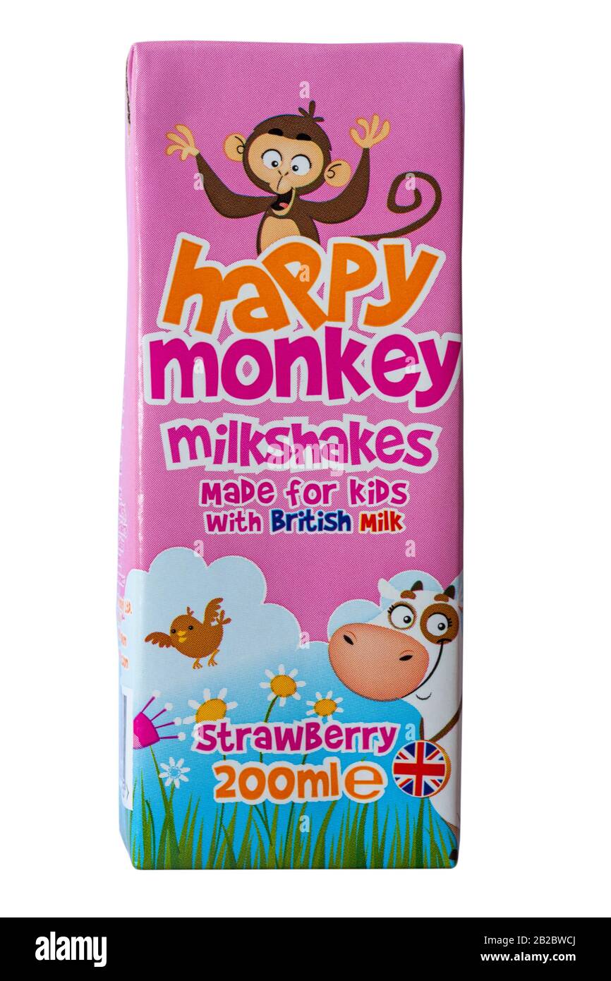 Karton mit Fröhlichen Milchshakes von Monkey für Kinder mit britischer Milch - Erdbeergeschmack auf weißem Hintergrund isoliert Stockfoto