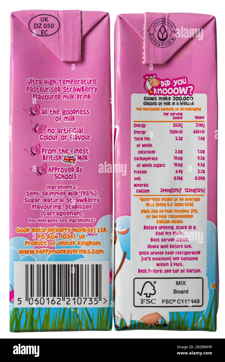 Kartons Von Happy Monkey Milchshakes für Kinder mit britischer Milch - Erdbeergeschmack auf weißem Hintergrund isoliert - Seitenansichten Stockfoto