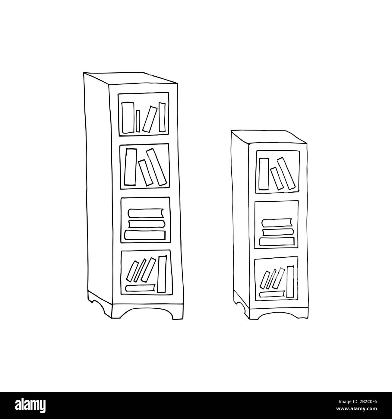 Vektordarstellung zweier verschiedener Bücherregale mit Büchern in den Regalen. Handgezeichneter Bücherregal. Schwarz-weißes Farb-Seitenbuch Stock Vektor