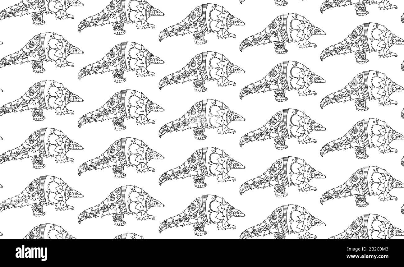 Vektor-Darstellung nahtloses Muster mit Pangolin-Tier. Malbuch. Bedrohte Tierarten, potentieller Träger der Erreger Corona Stock Vektor