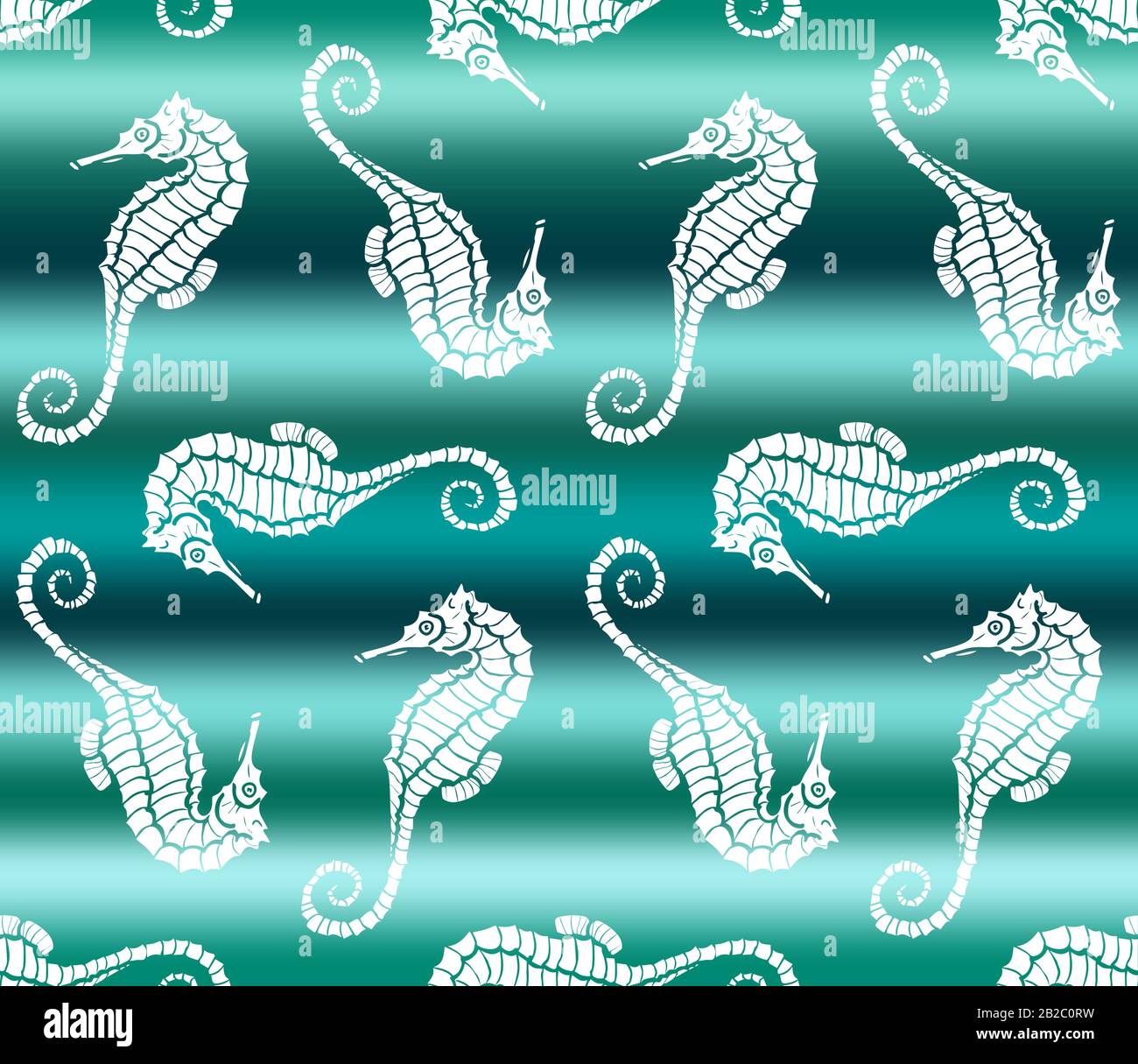 Vektordarstellung der weißen Seepferdchen auf grünem Gradienten Meereswellenhintergrund. Nahtloses Muster mit handgezeichneter Seedrache Stock Vektor