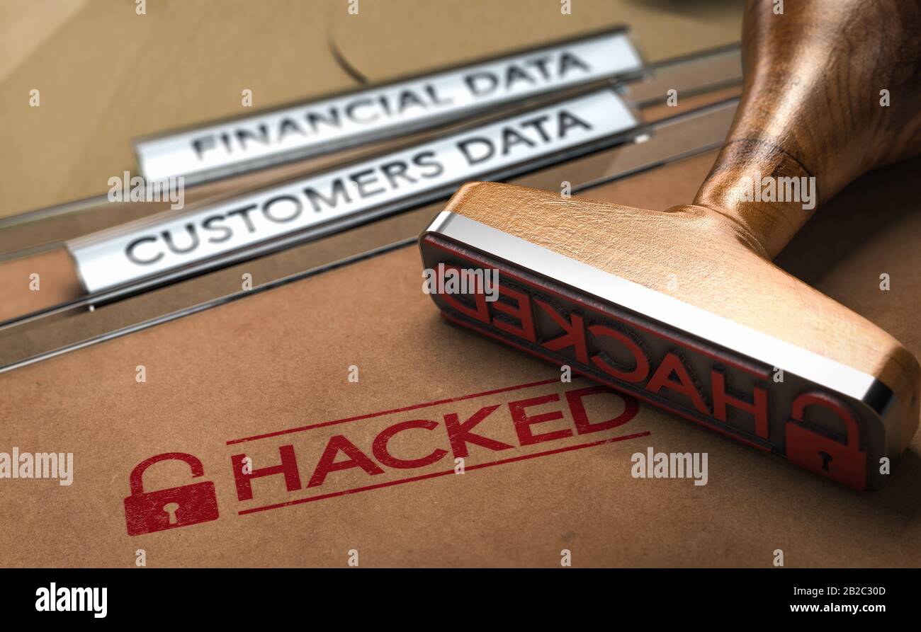 3D-Abbildung eines Gummistempels mit dem Wort "gehackt" auf Ordnern mit dem Text "Finanz- und Kundendaten". Stockfoto