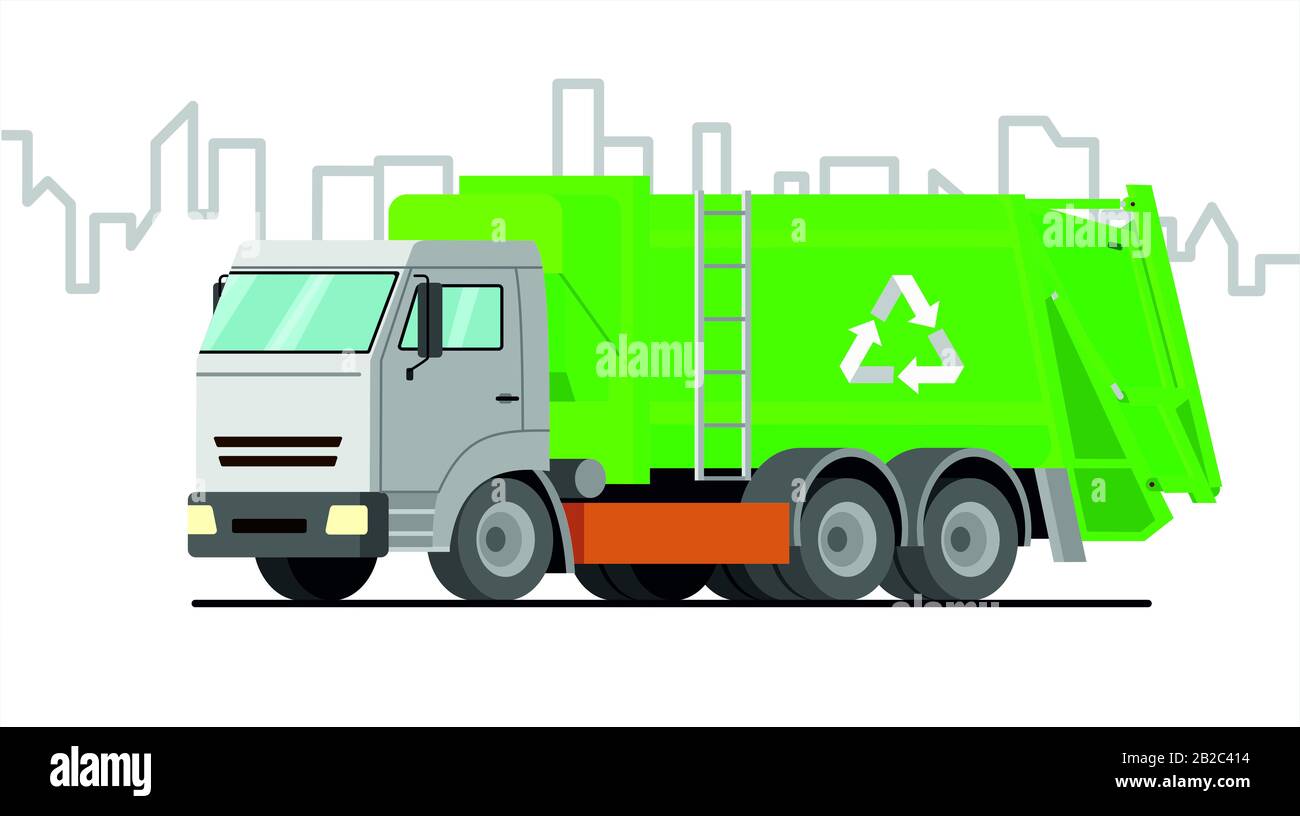 Müllwagen; Vektor grüner Müllwagen auf Stadthintergrund. Stockfoto