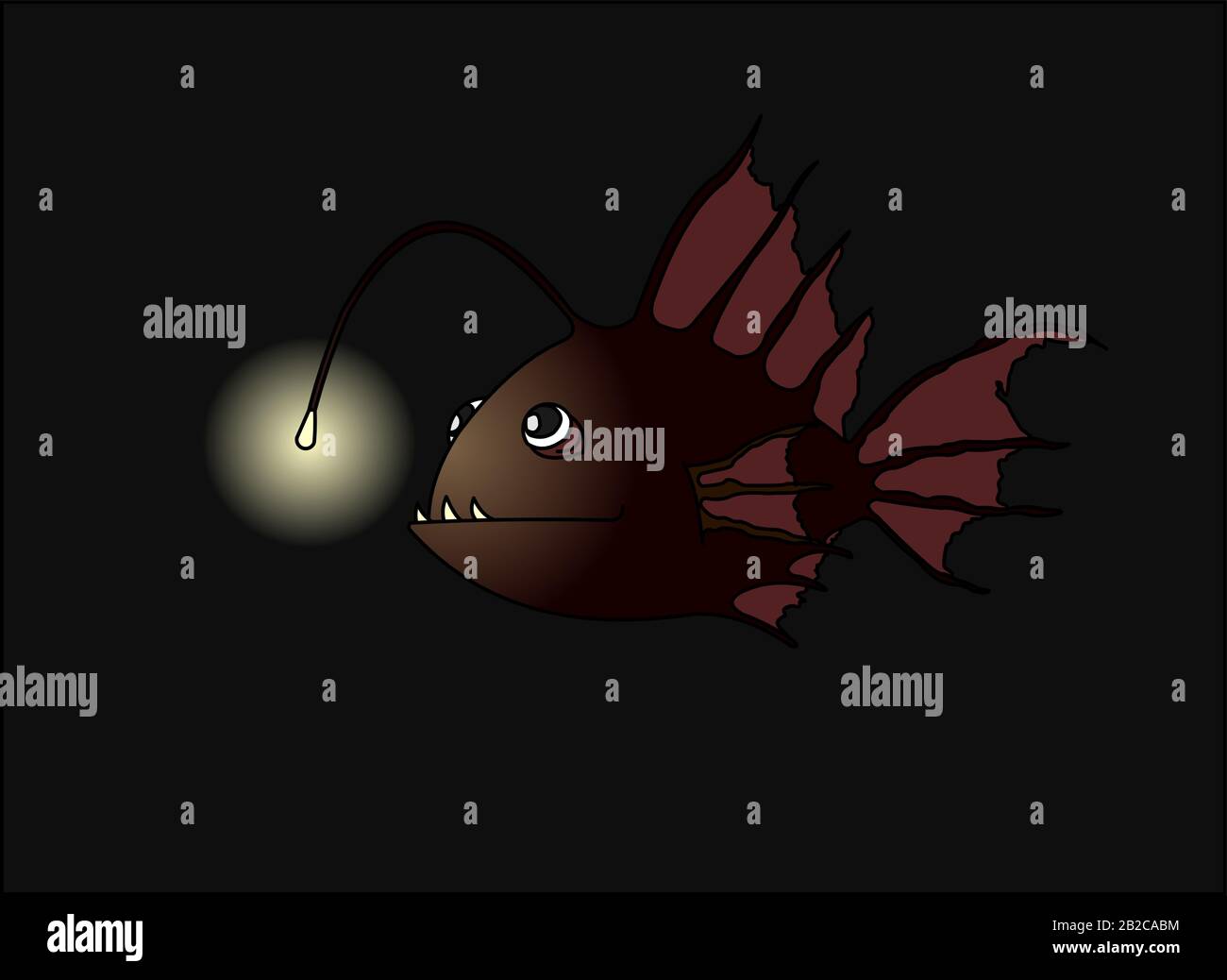Schrecklicher und Lustiger Fisch Mit einer Taschenlampe. Seeteufel. Seefisch Mit Köder Im Dunkeln. Modernes flaches Vektorbild Isoliert auf weißem Hintergrund. Stock Vektor