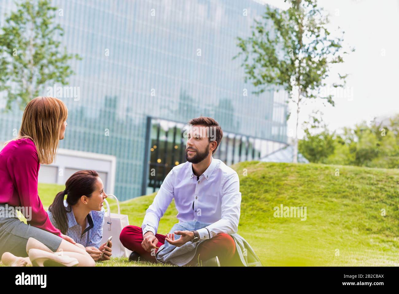 Geschäftsleute diskutieren Pläne, während sie im Freien auf dem Gras sitzen Stockfoto