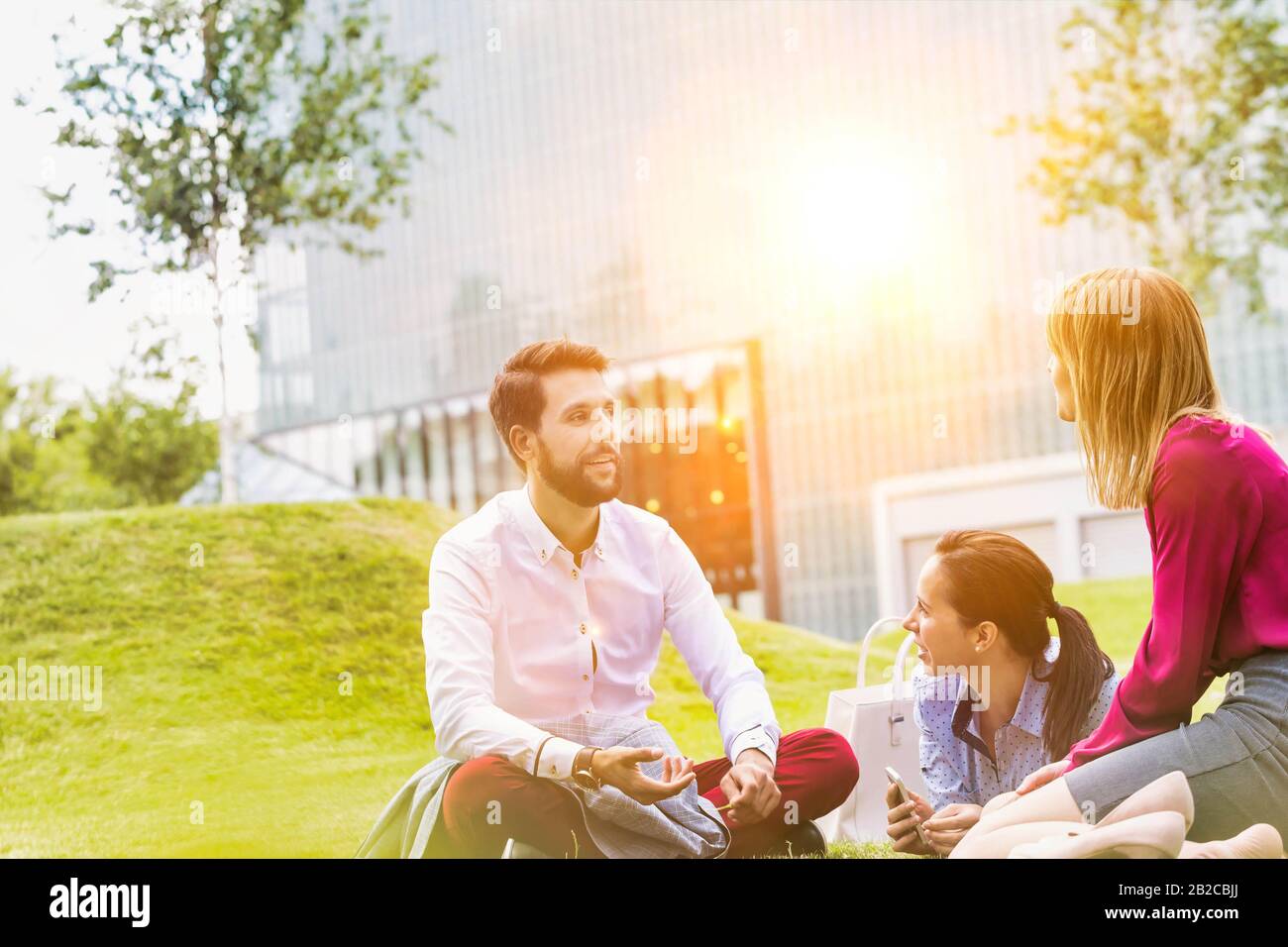 Geschäftsleute diskutieren Pläne, während sie im Freien auf dem Gras sitzen Stockfoto