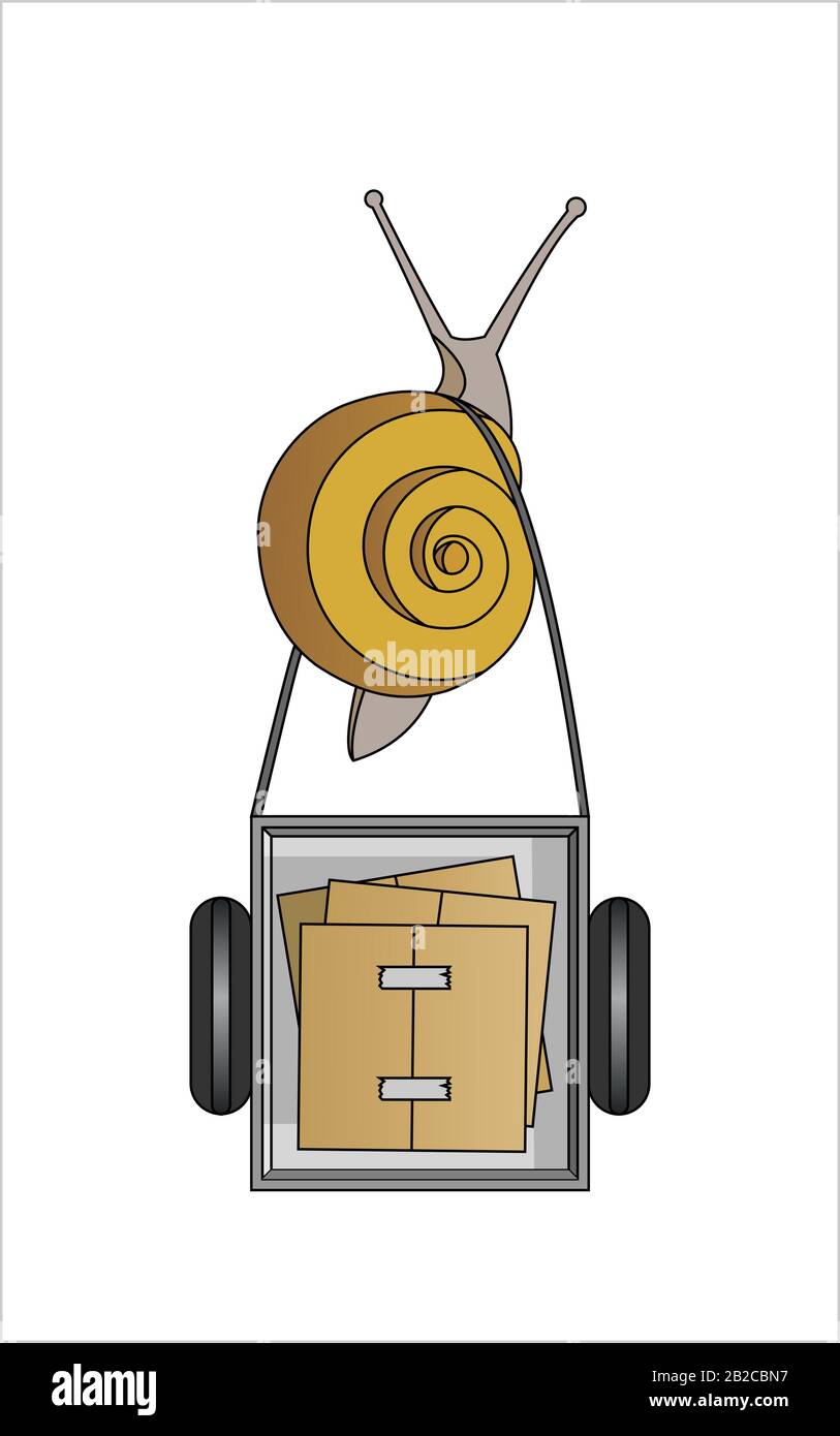 Schnecke Trägt EINEN Wagen mit Kisten, Draufsicht. Langsame Zustellung. Symbol für Langsamkeit. Moderne flache Vektorgrafiken auf weißem Hintergrund. Stock Vektor