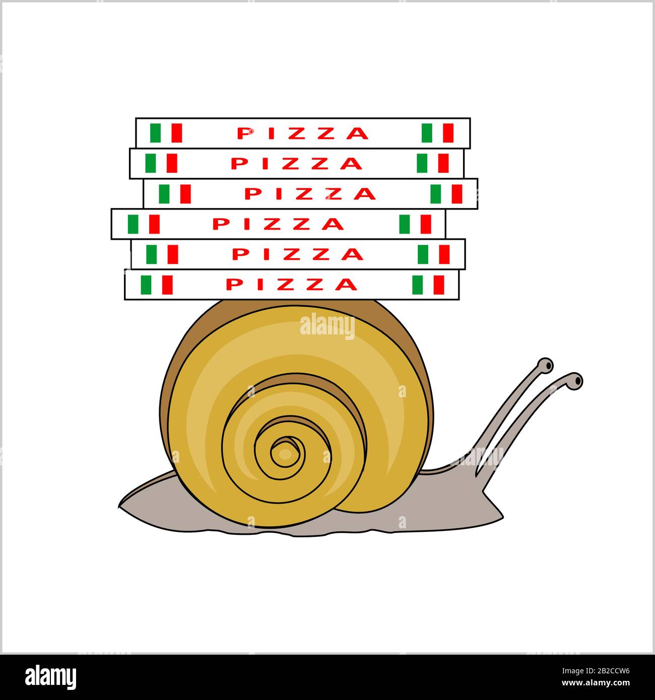 Schnecke Trägt Pizza-Boxen, Seitenansicht. Langsame Pizza Lieferung. Symbol für Langsamkeit. Moderne flache Vektorgrafiken auf weißem Hintergrund. Stock Vektor