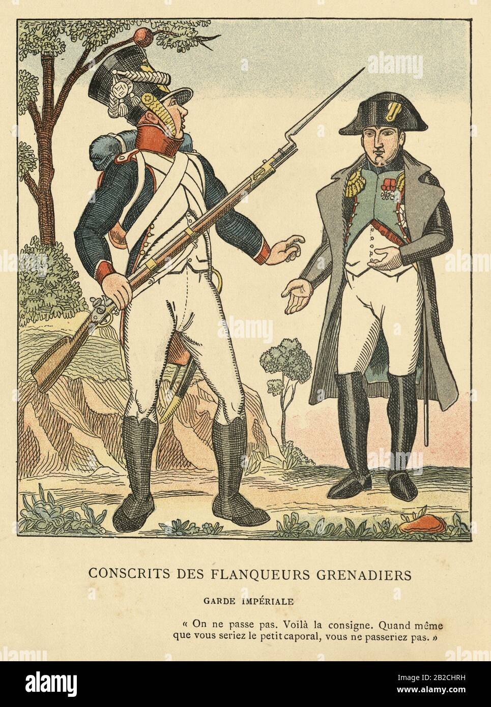 Concrits des Flanqueurs grenadiers (Wehrpflichtige der Grenadiere Flankers) Grand Imperial Army. Solider mit Napoleon Bonaparte Stockfoto