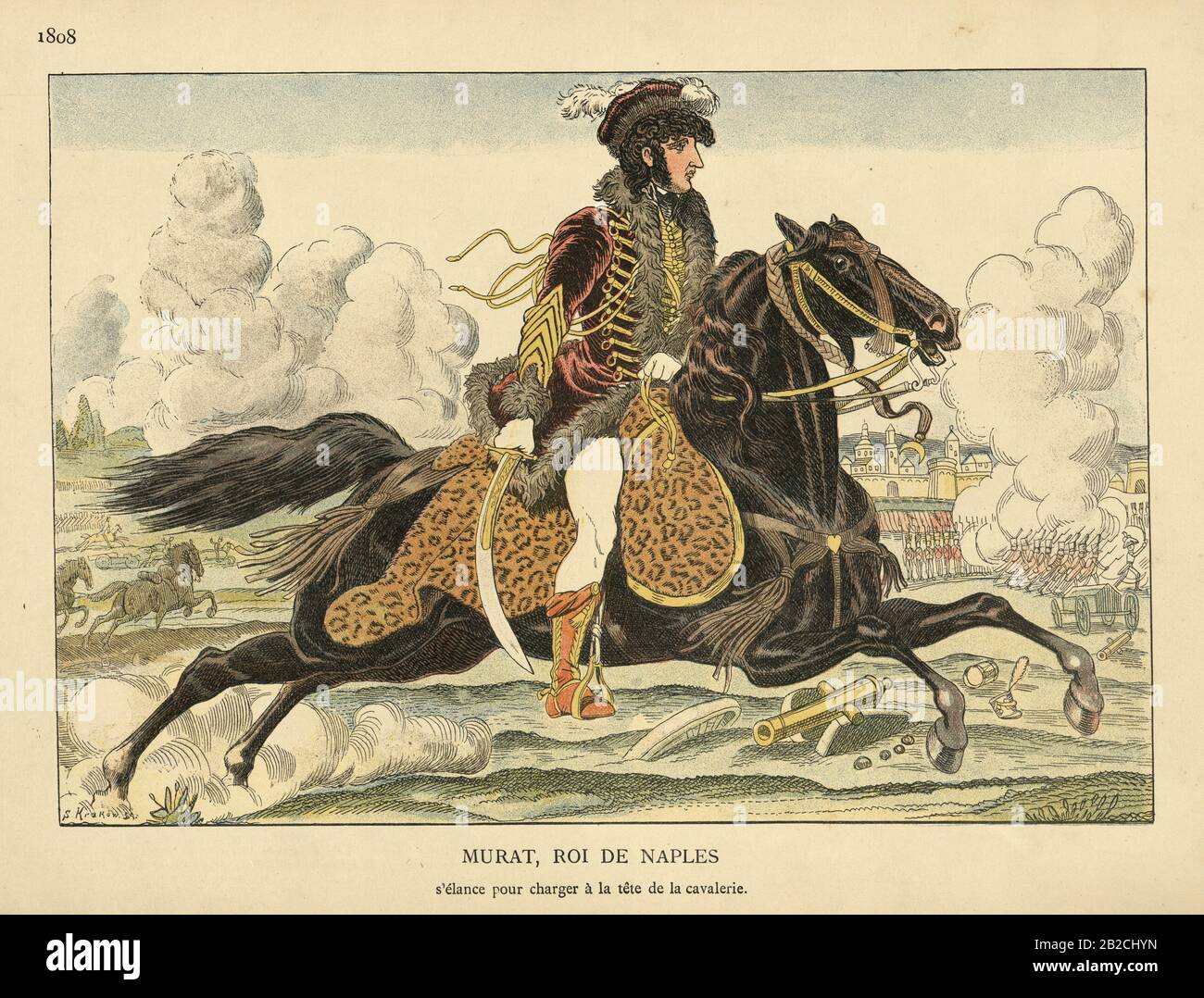 Vintage-Gravur von Joachim Murat, als König von Neapel, im Jahre 1808. Er war ein Marschall von Frankreich und Admiral von Frankreich unter der Herrschaft von Napoleon. Er wurde als wagemutiger, mutiger und charismatischer Kavalleristen sowie als Flamboyantdresser notiert, für den er als Dandy-König bekannt war Stockfoto